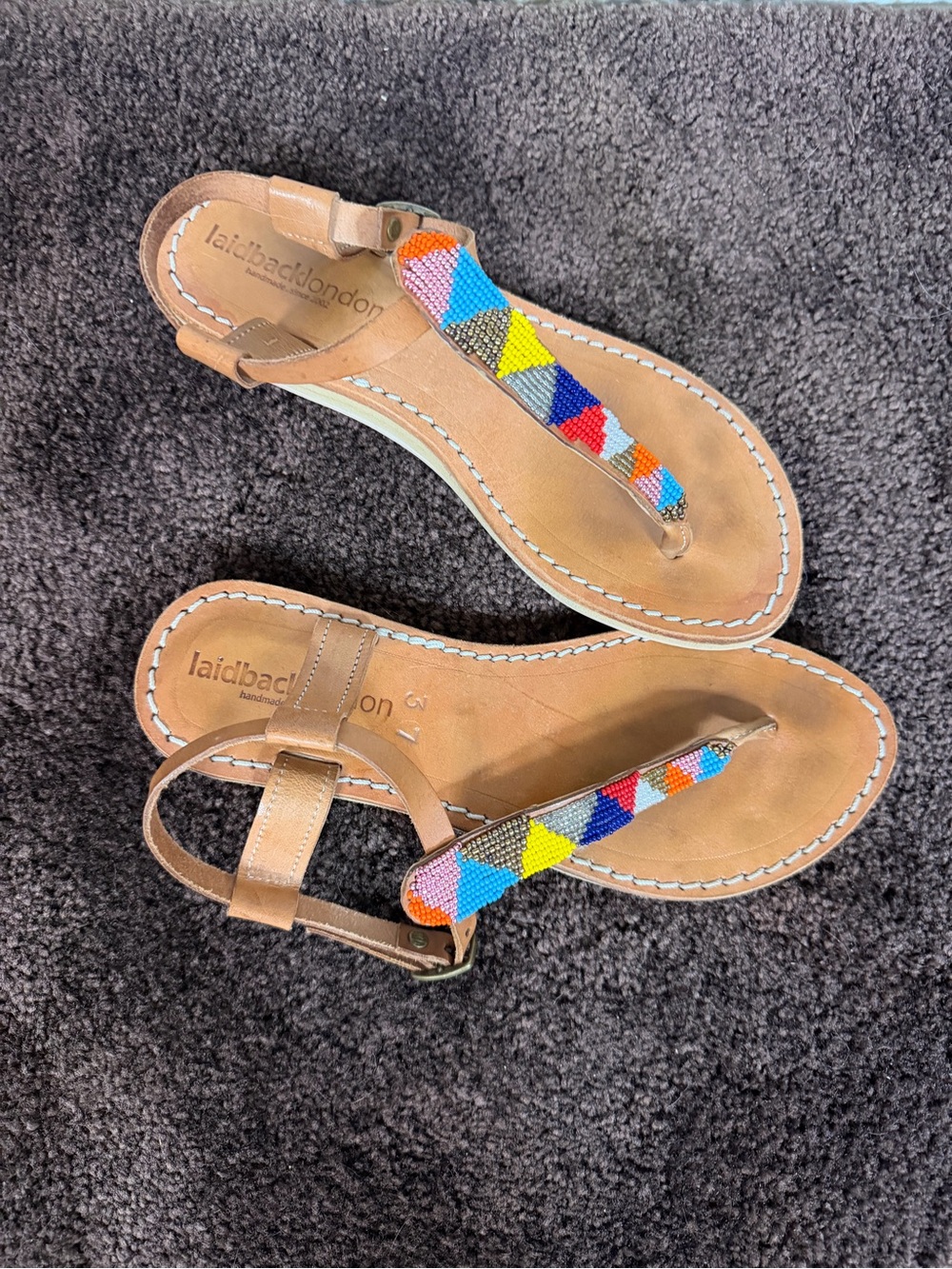 Laidback London Tan Beaded T-Strap Sandals